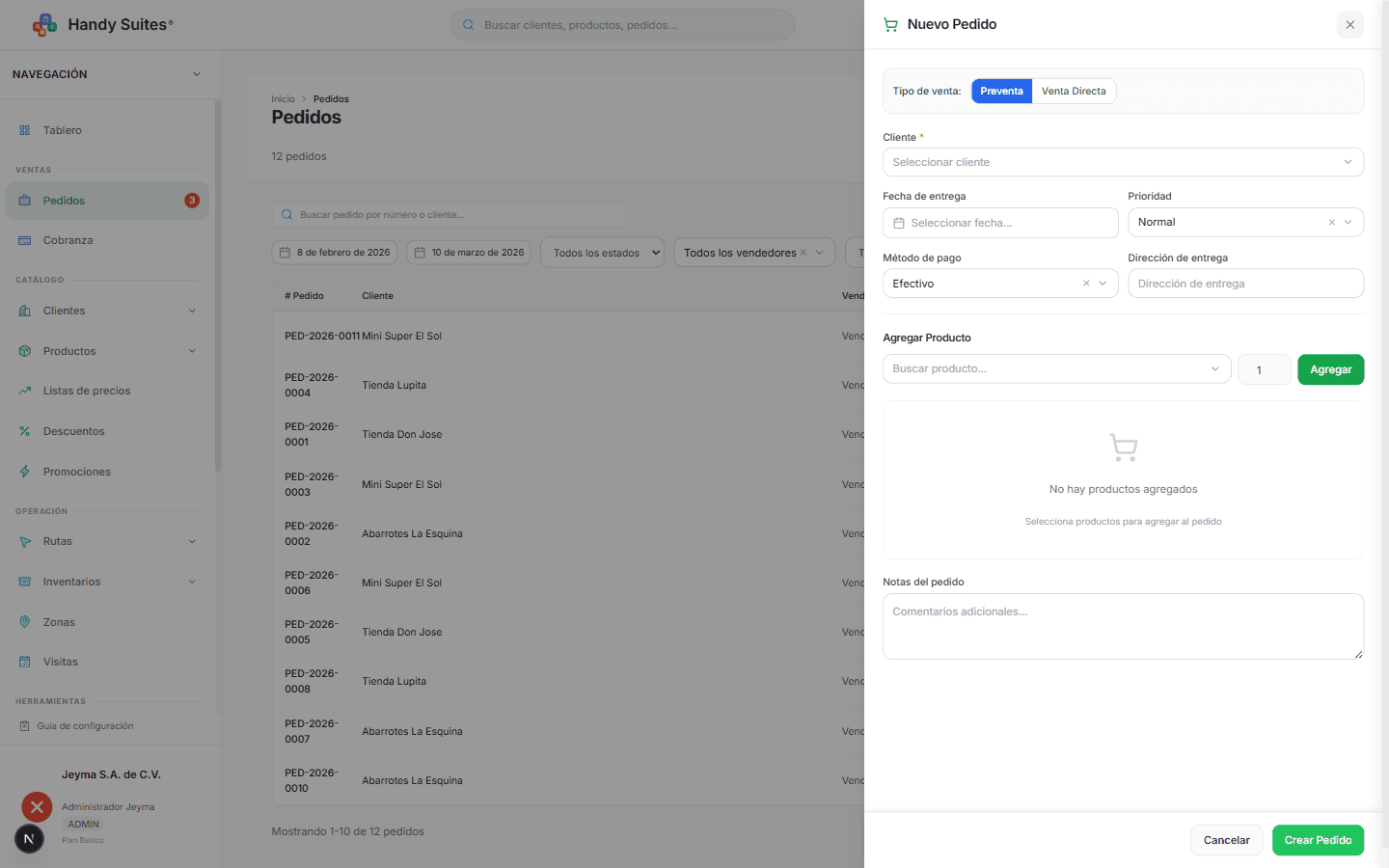 Módulo de creación de pedidos en Handy Suites